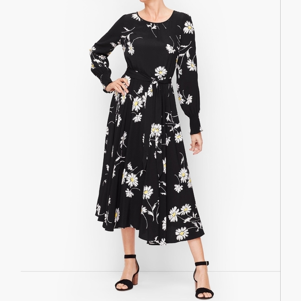 Talbots Vintage Fit & Flare Dress Daisy-Print Long Sleeve